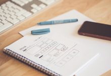 wireframing untuk pemula - A neat workspace featuring a sketchpad with wireframes, a smartphone, and a keyboard on a wooden desk.