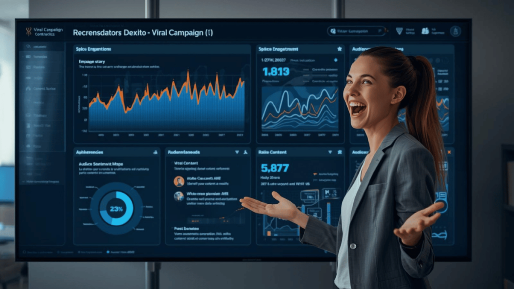 digital marketer AI viral campaign - Pemasar digital meninjau analisis kampanye viral yang dihasilkan AI di layar besar. - ciptavisual.com