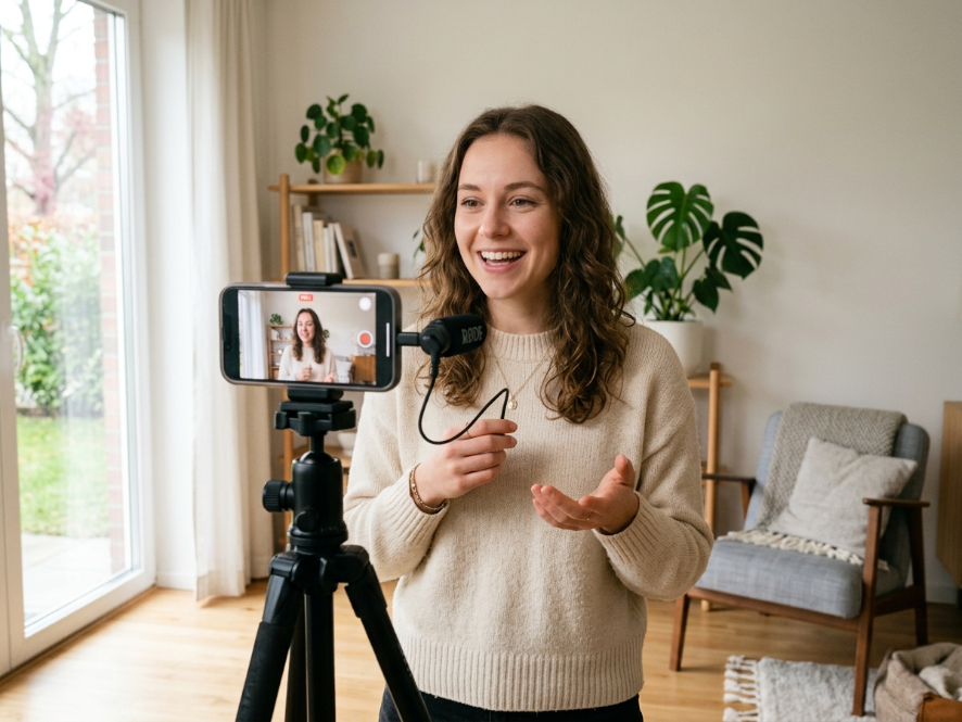 Konten kreator merekam video raw content otentik menggunakan smartphone untuk strategi viral marketing 2026