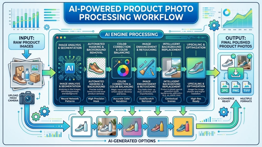 Bagan alur kerja mengubah foto mentah HP menjadi foto produk studio mewah dengan AI