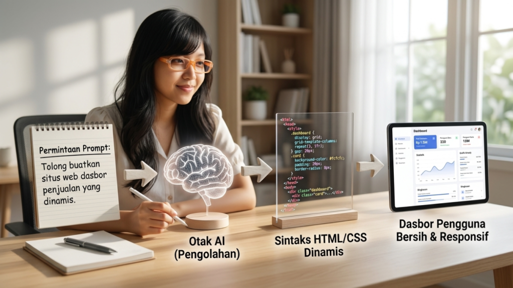 Diagram alur proses pemrosesan Generative UI dari instruksi teks menjadi komponen React.