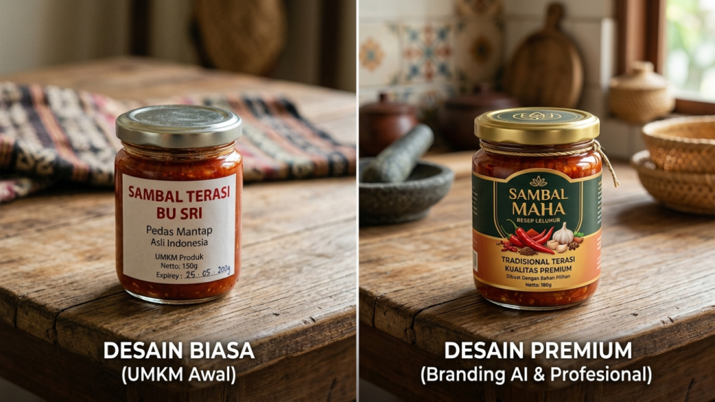 Perbandingan kemasan produk UMKM desain biasa dengan desain kelas premium hasil AI