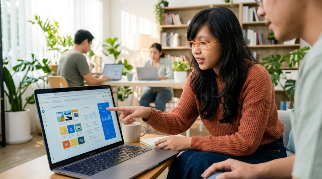 Analisis strategi SEO content marketing di laptop desainer