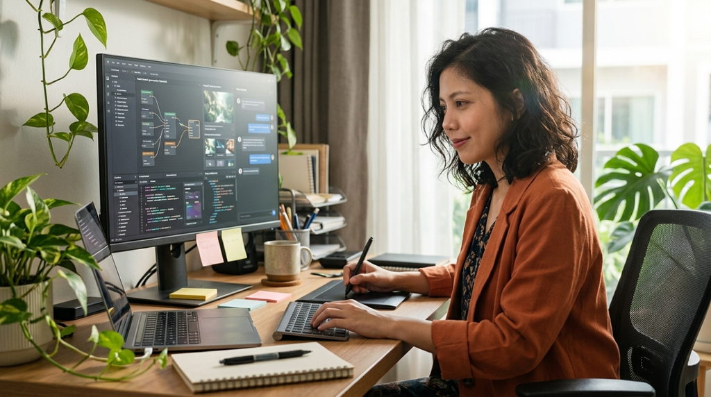 Freelancer AI bekerja produktif dengan kolaborasi kecerdasan buatan